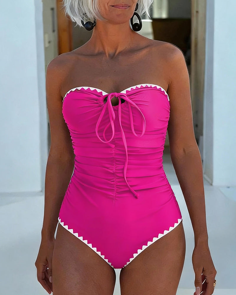 Strapless Color-Blocked Pleated One-Piece Swimsuit