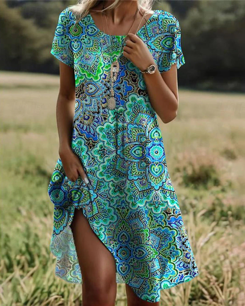 Round Neck Vintage Print Dress