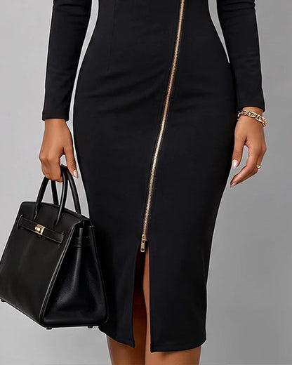 Lapel Diagonal Zip Slit Dress