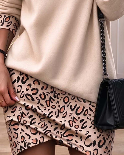 High Collar Leopard Print Slim Dress