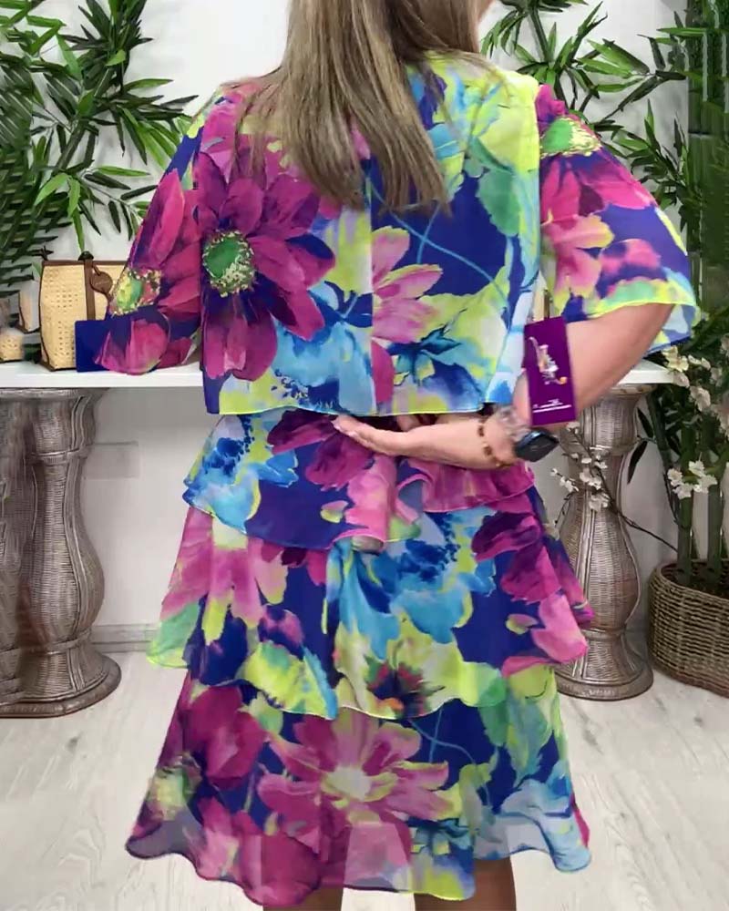 Floral print round neck ruffled half-sleeve dress casual dresses spring summer