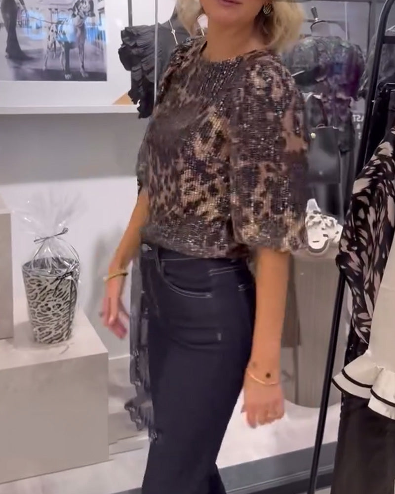 Lantern-Sleeve Sequined Leopard-Print Blouse