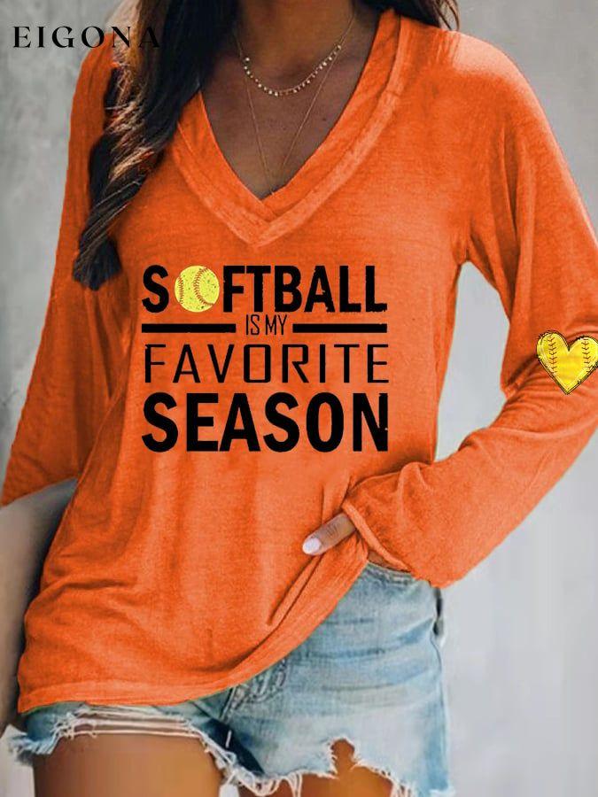 Women's Softball Is My Favorite Season Casual V-Neck Long-Sleeve T-Shirt ball print