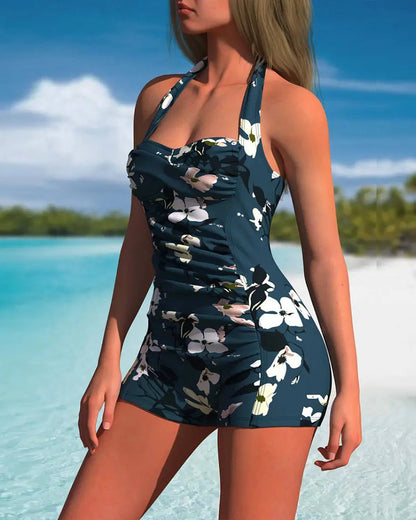 Halter One-Piece Pleated Boxer Swimsuit