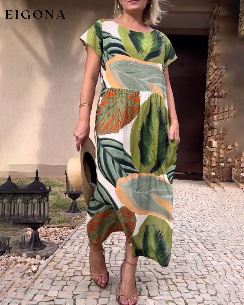 Leaf print short sleeve slit dress casual dresses summer