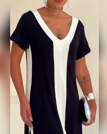 Abito con scollo a V e colori a contrasto