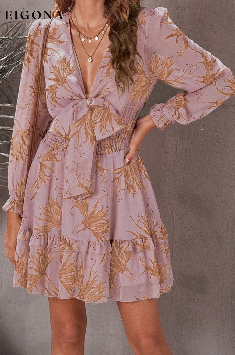 Floral Deep V Flounce Sleeve Mini Dress Light Mauve clothes dress dresses long sleeve dresses Ship From Overseas short dresses SYNZ trend trendy