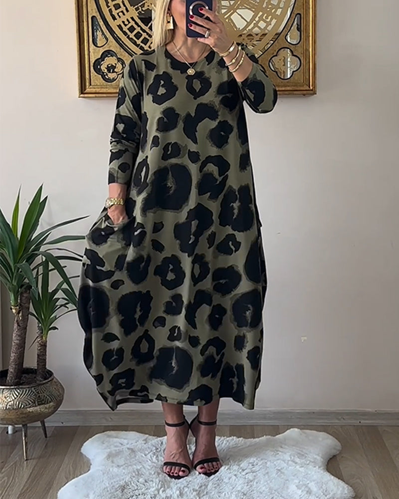 Leopard print pocket casual loose dress 2024 f/w casual dresses spring