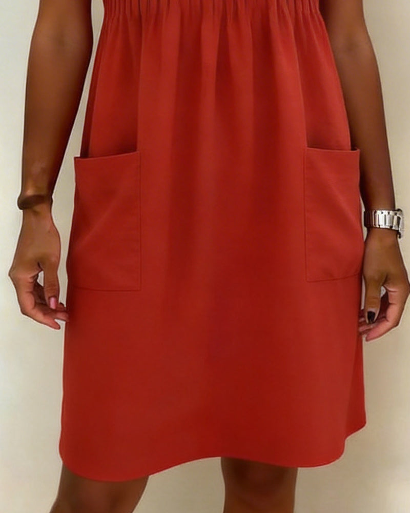 Pleated Pocket Short Sleeve Dress