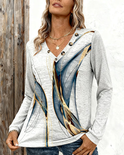 Printed V-Neck Long-Sleeved Casual Top