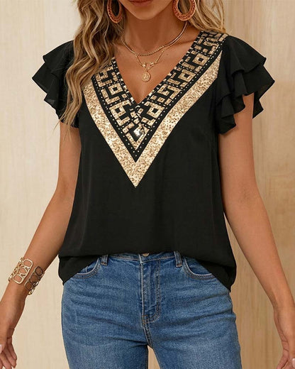Lotus Leaf Print V-Neck Contrast Blouse