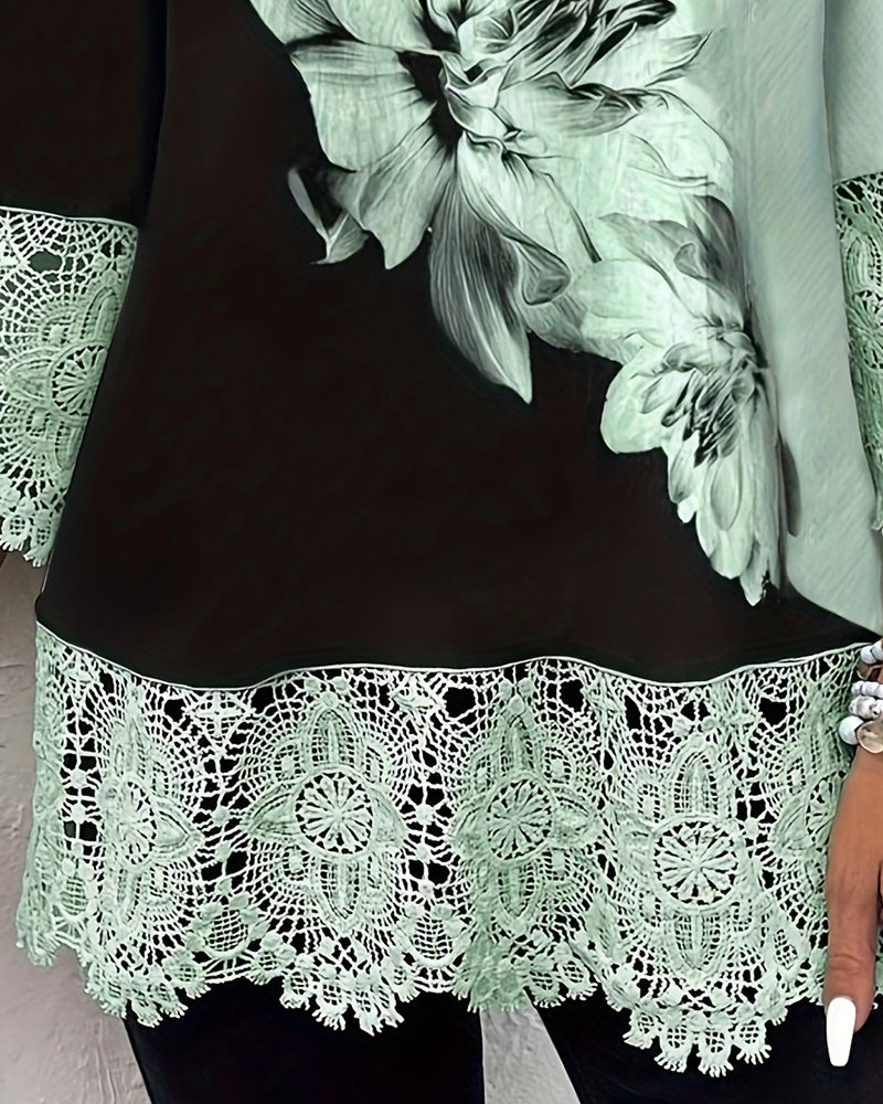 V-Neck Floral Color-Blocked Lace-Trimmed Shirt