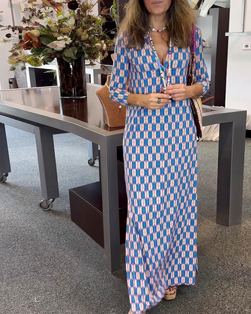 Casual printed V-neck slit dress 2024 f/w casual dresses spring