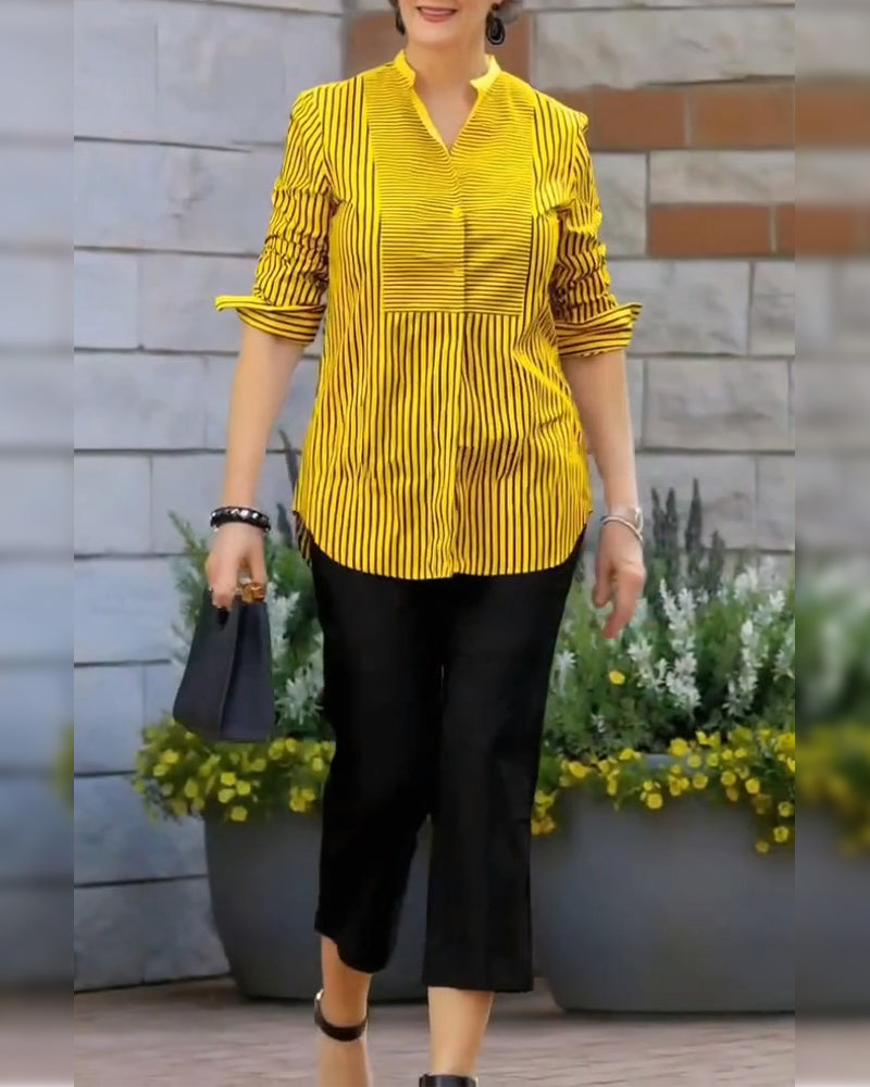 Striped Stand Collar Loose Blouse