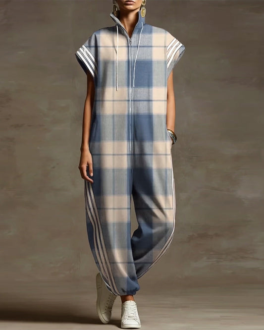 Plaid Stand Collar Zipper Loose Jumpsuit jumpsuits & rompers spring summer