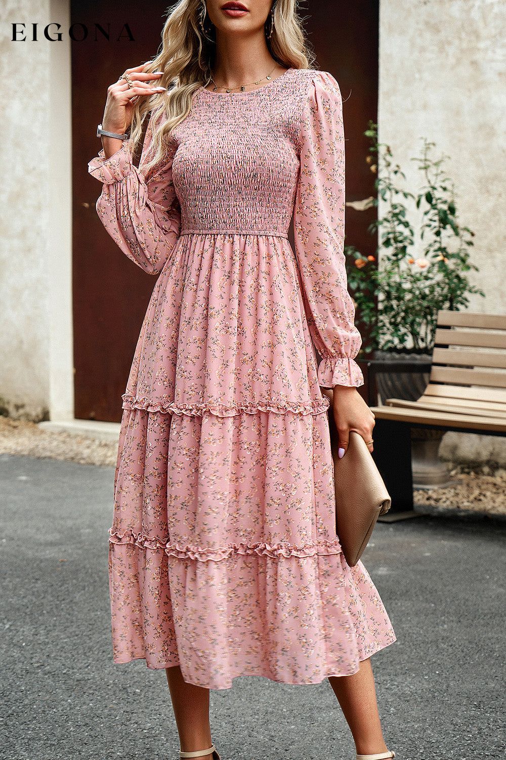 Smocked Flounce Sleeve Midi Dress clothes DY Ship From Overseas trendsi