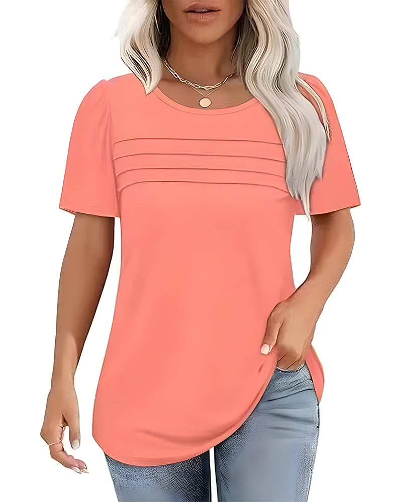 Pleated Loose Round Neck Short Sleeve T-Shirt