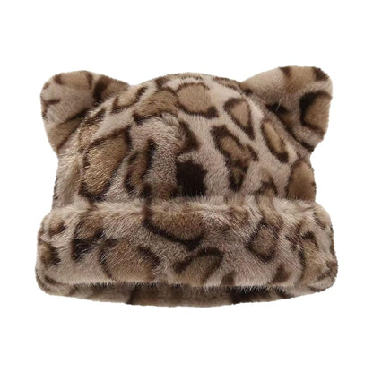 Leopard Print Plush Cat Ear Hat