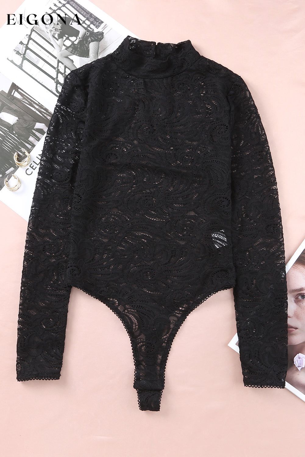 Black Long Sleeve High Neck Skinny Lace Bodysuit bodysuits clothes long sleeve long sleeve shirts long sleeve top Occasion Rock & Music Season Fall & Autumn shirts trend