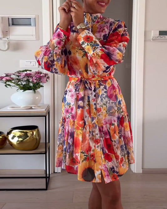 Fashionable colorful floral print long sleeve dress