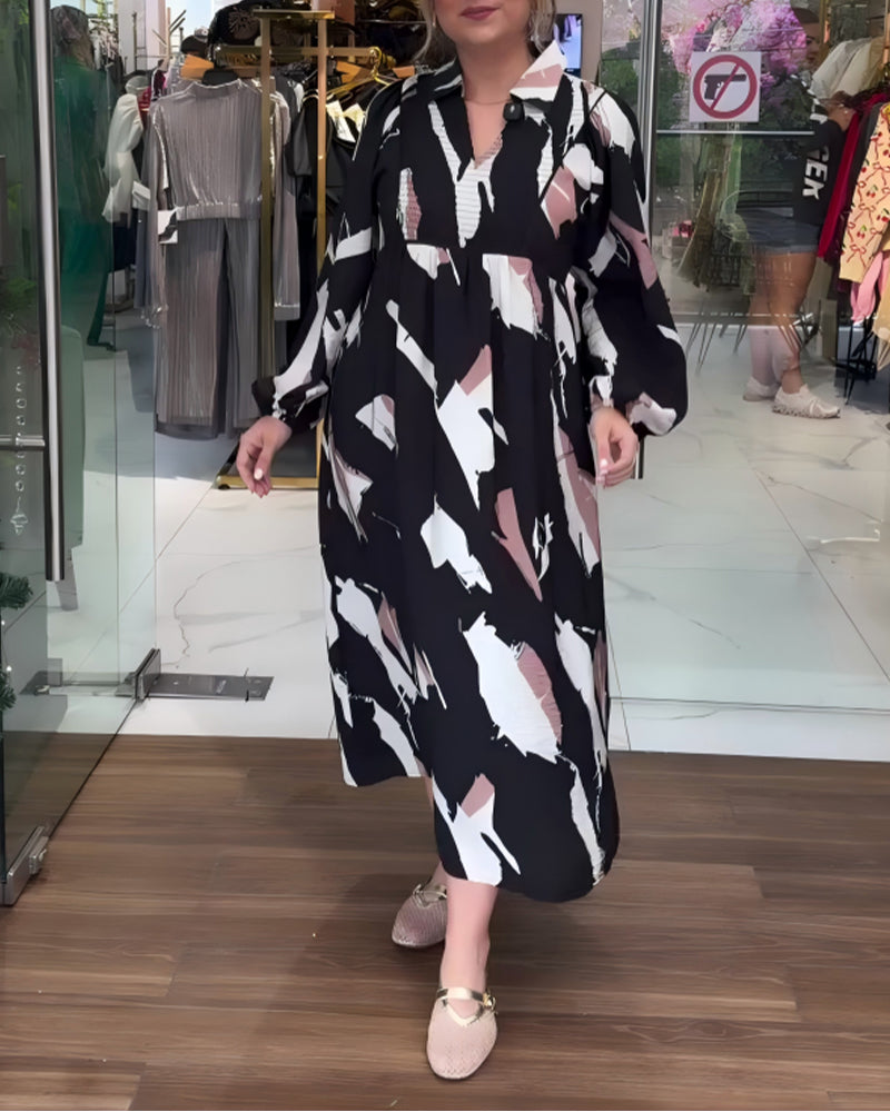 V-Neck Printed Long-Sleeved Dress