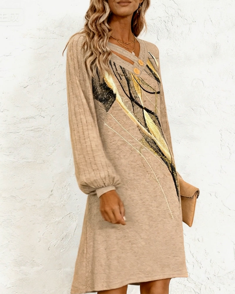 Long-Sleeved Printed Straight Dress