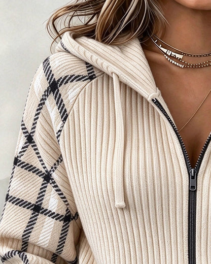 Zippered Plaid Drawstring Hooded Coat