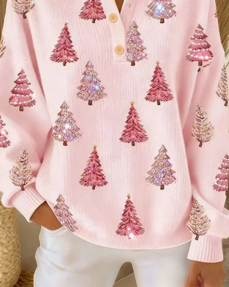 Christmas Tree Print Henley Collar Pullover 2024 f/w christmas pullovers