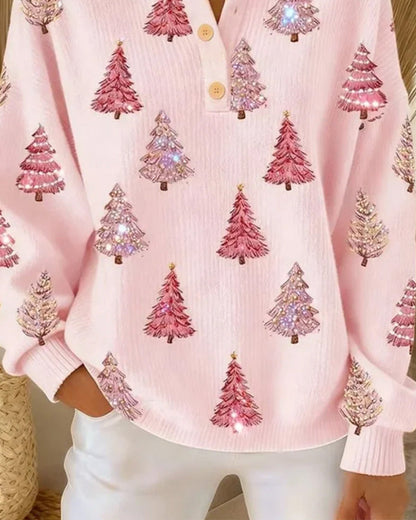 Christmas Tree Print Henley Collar Pullover 2024 f/w christmas pullovers