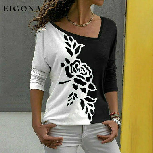 Floral Print Contrast Color T-Shirt Black best Best Sellings clothes Plus Size Sale tops Topseller