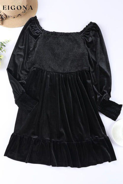 Square Neck Smocked Ruffle Hem Dress clothes Ship From Overseas SYNZ