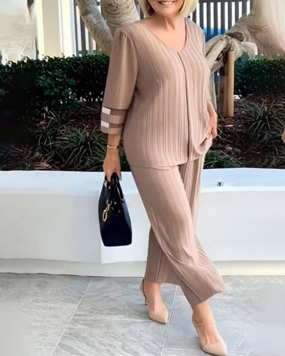 V-Neck Loose Top Wide-Leg Pants Set