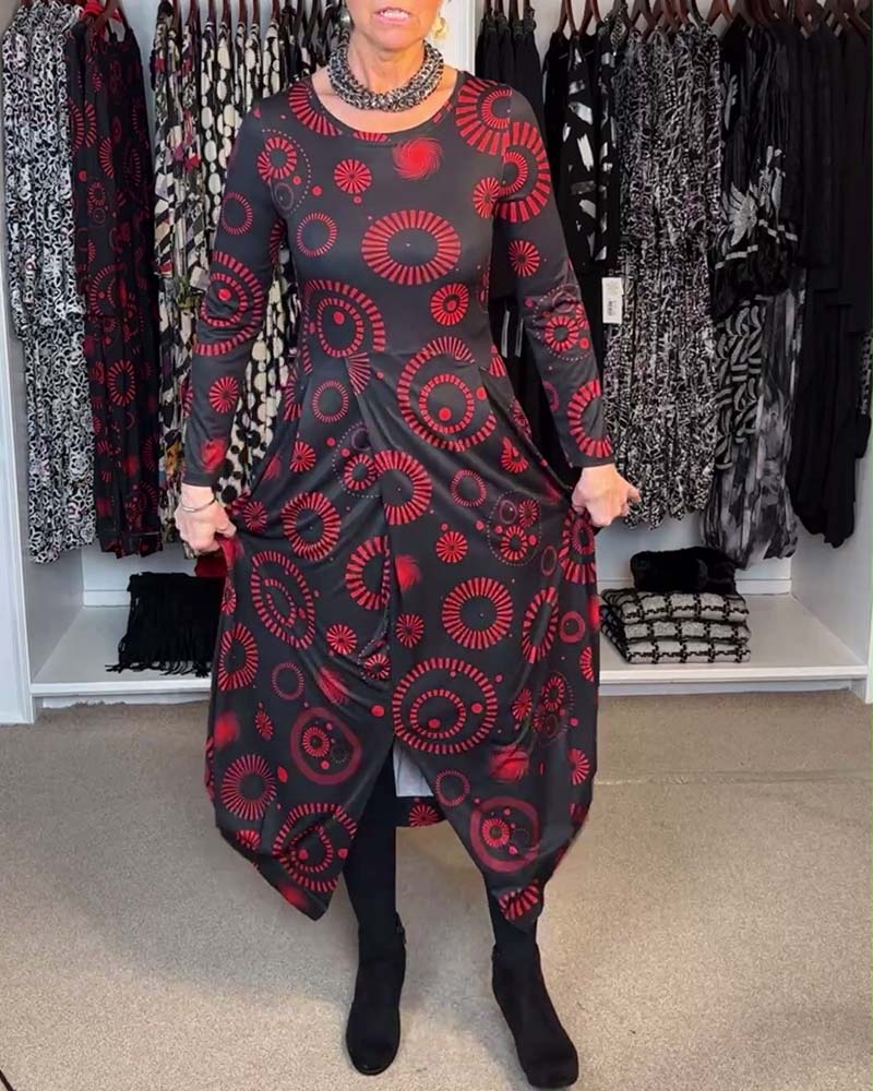 Vintage printed round neck long sleeve slit dress 2024 f/w casual dresses