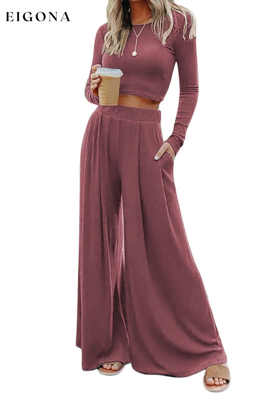 Solid Color Ribbed Crop Top Long Pants Set 2 piece Best Sellers bottoms clothes crop top EDM Monthly Recomend Fabric Ribbed long pants set Occasion Daily Print Solid Color Season Winter set sets shirts Silhouette Wide Leg Style Casual
