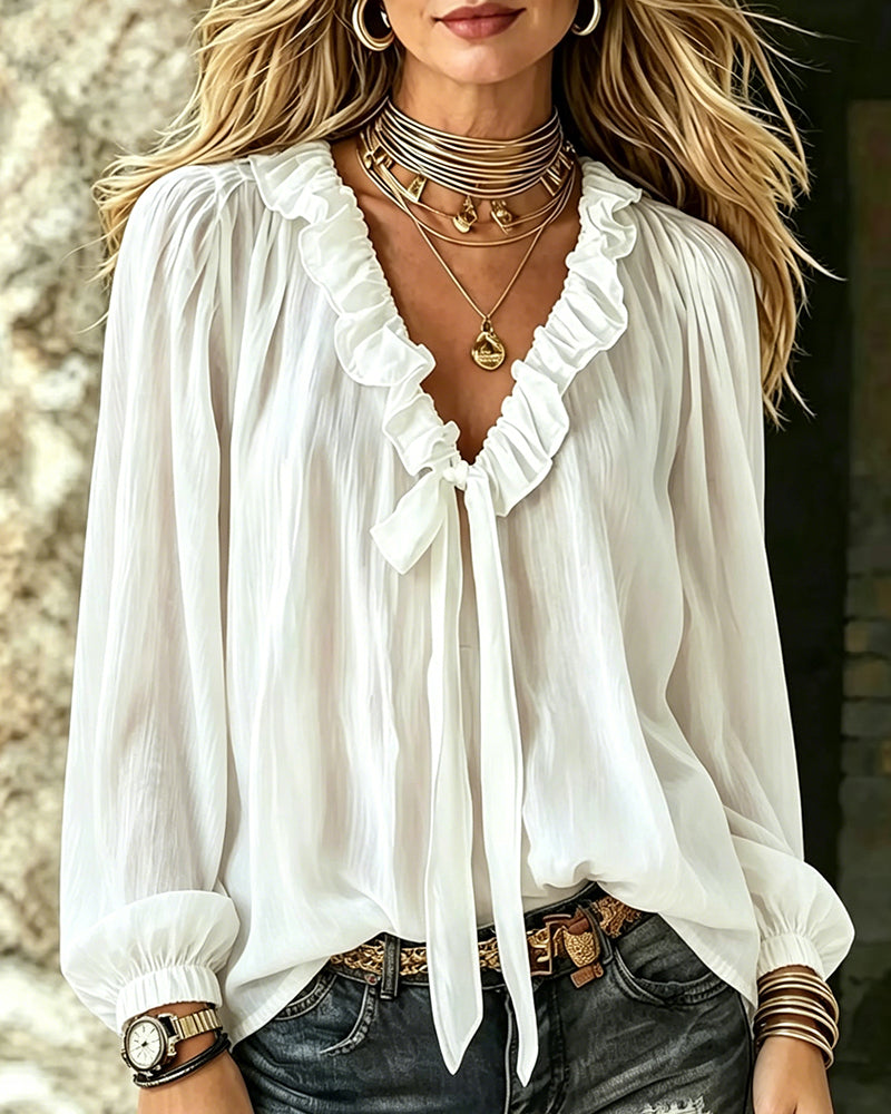 Ruffle Collar Tie Long Sleeve Blouse