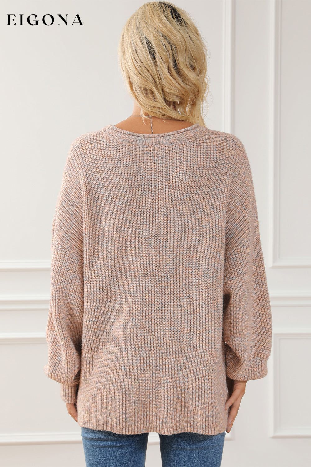 Multicolor Rolled Round Neck Drop Shoulder Sweater All In Stock clothes Color Pink Occasion Daily Print Solid Color Season Fall & Autumn Style Casual Sweater sweaters Sweatshirt
