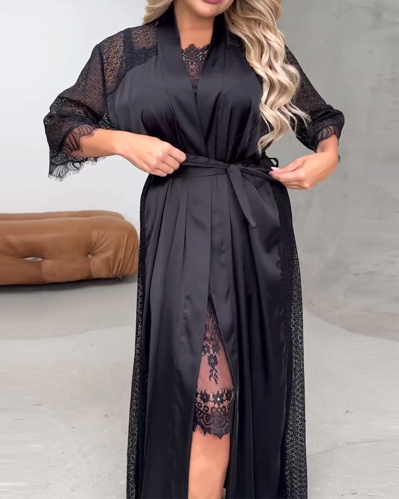 Pure Color Lace Splicing Slip Set