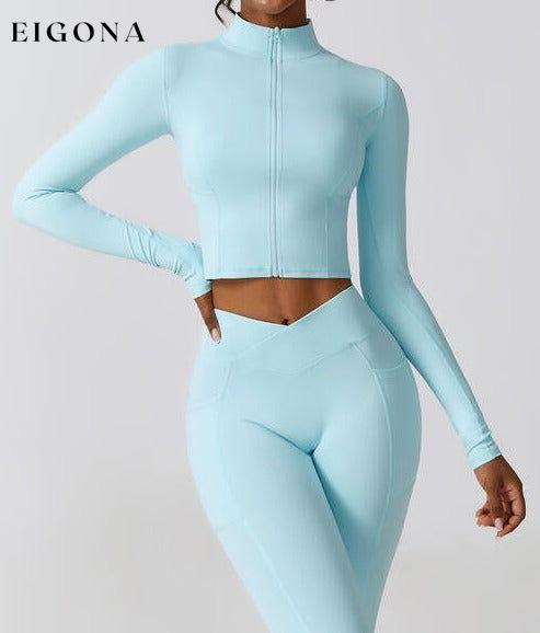 Zip Up Long Sleeve Cropped Activewear Sports Top Jacket Mint Blue activewear clothes Ship From Overseas Z&C