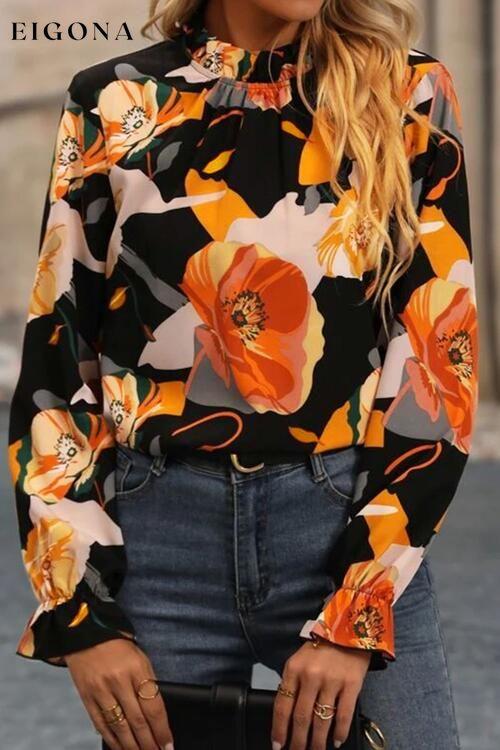 Floral Mock Neck Flounce Sleeve Blouse Black clothes long sleeve shirt long sleeve shirts long sleeve top long sleeve tops Ship From Overseas shirt shirts SYNZ top tops