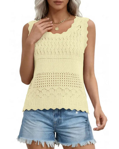 Hollow-Out Wavy Edge Sleeveless Tank Top