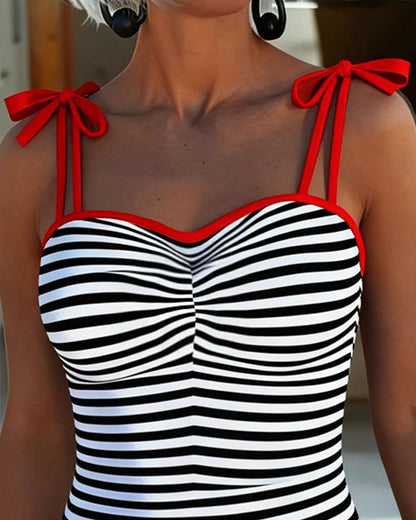 Striped Red Trim Halterneck One-Piece