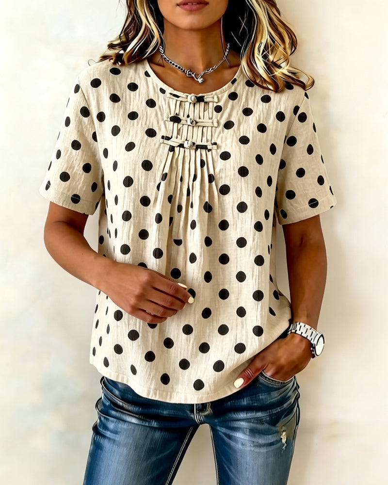 Polka Dot Frog Button Short Sleeve Blouse