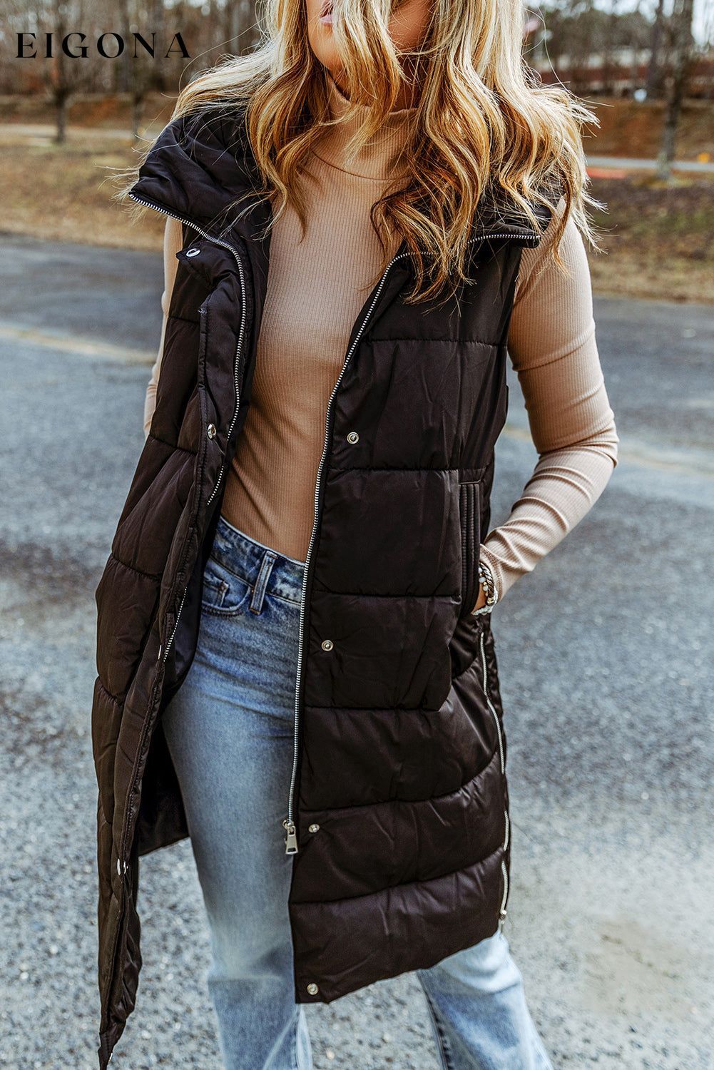 Black Hooded Long Quilted Vest Coat All In Stock Best Sellers clothes Craft Quilted DL Chic DL Exclusive EDM Monthly Recomend EDM Warm Jacket Jackets & Coats long vest Occasion Daily Print Solid Color puffy vest Season Winter Style Casual