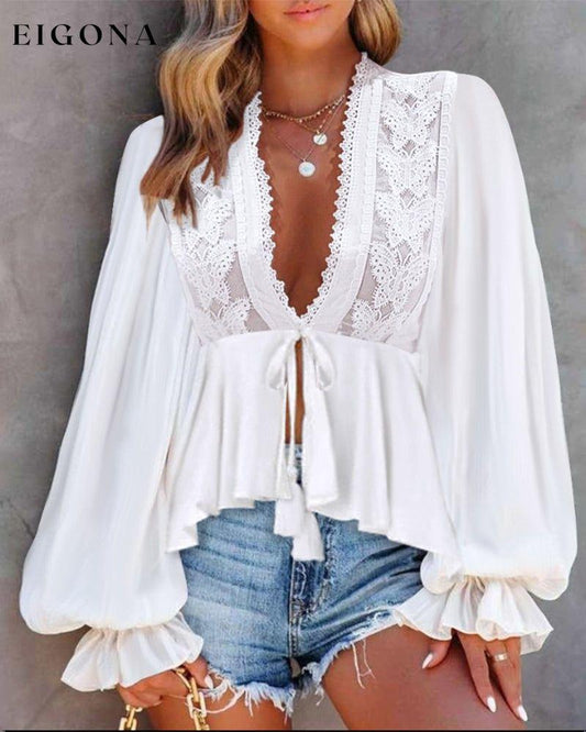Bow Lace Lantern Long Sleeve Top blouses & shirts spring summer