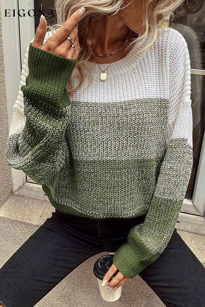 Pickle Green Color Block Drop Shoulder Ribbed Trim Sweater All In Stock clothes EDM Monthly Recomend Occasion Daily Print Color Block Season Fall & Autumn Style Casual Style Modern sweater sweaters Sweatshirt