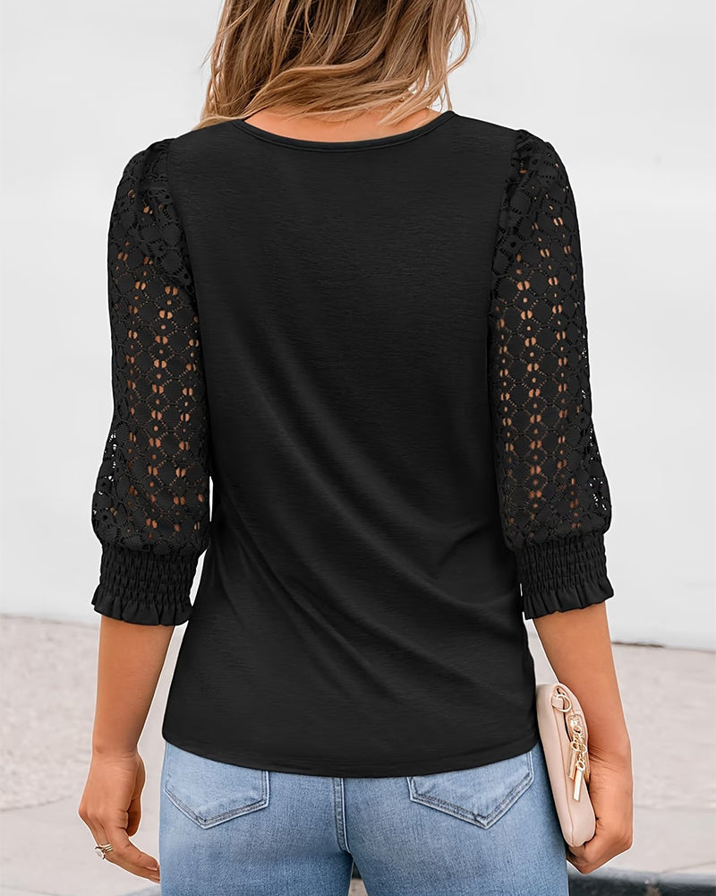Diamond-Pattern Cutout & Paneled 3/4-Sleeve Top