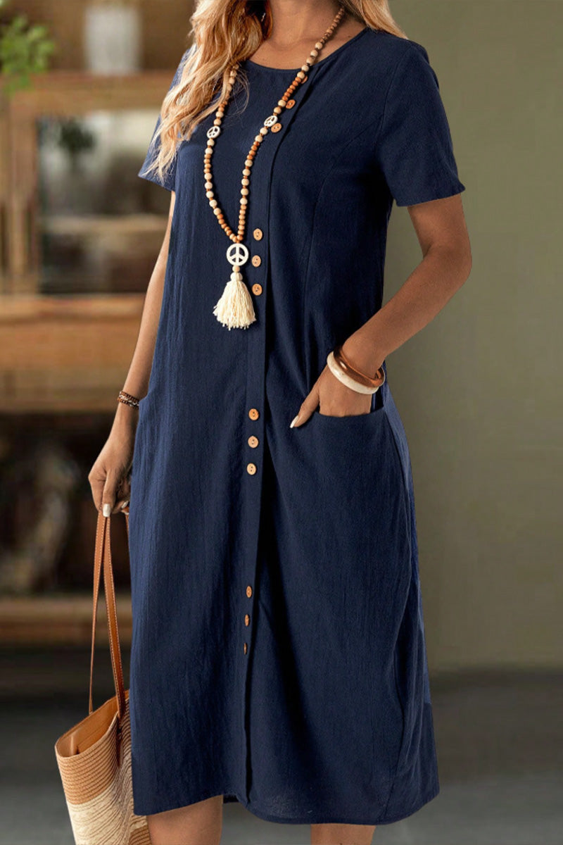 Buttoned Short Sleeve Pocket Shift Dress