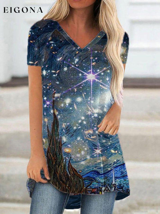 Women's Art Star Print Casual Short Sleeve V-Neck T-Shirt starry