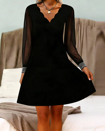 Mesh Long-Sleeved V-Neck Dress