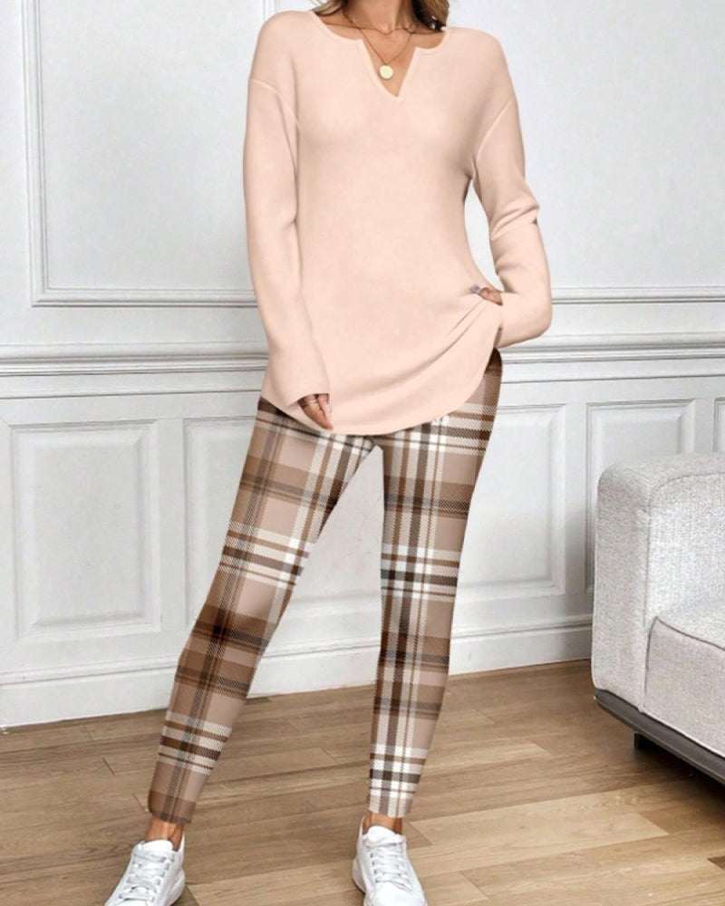 V-Neck Solid Top + Plaid Pants Loungewear Set 2024 f/w spring two-piece sets